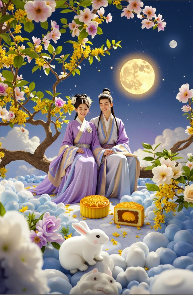 (Mid-Autumn Festival:1.5),An elegant couple in ancient China,Dressed in gorgeous Hanfu,Purple floats like clouds in the moonlight,Sitting on a laurel tree full of stars,Smiling and holding hands,Starry Sky,Macro lens,moon cake,osmanthus tree,半个moon cake流心,The moon hangs in the sky,Osmanthus scattered on the desktop,The background is a night view of the starry sky,They are surrounded by colorful flowers。This is a fantasy scene style,Flowing