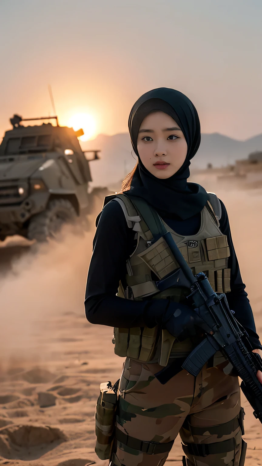 Instructions: *A striking scene of a 25-year-old Korean female soldier wearing a hijab, with a determined expression on her face, stands in the middle of a chaotic battlefield. She is dressed in tactical military gear, complete with khaki fatigues, a utility vest, and fingerless gloves. Her elegant hijab adds a sense of movement to the image. The soldier holds a modern black assault rifle close to her chest, her grip firm and ready. Behind her, the remains of battle are visible, with thick plumes of smoke billowing into the sky and damaged military vehicles scattered around her. The background conveys a sense of urgency and tension, as if a fierce battle is taking place. The lighting is natural, with the sun casting a harsh light, highlighting the dust and debris in the air. The overall mood is intense, capturing the raw emotions of a soldier in the heat of battle.*