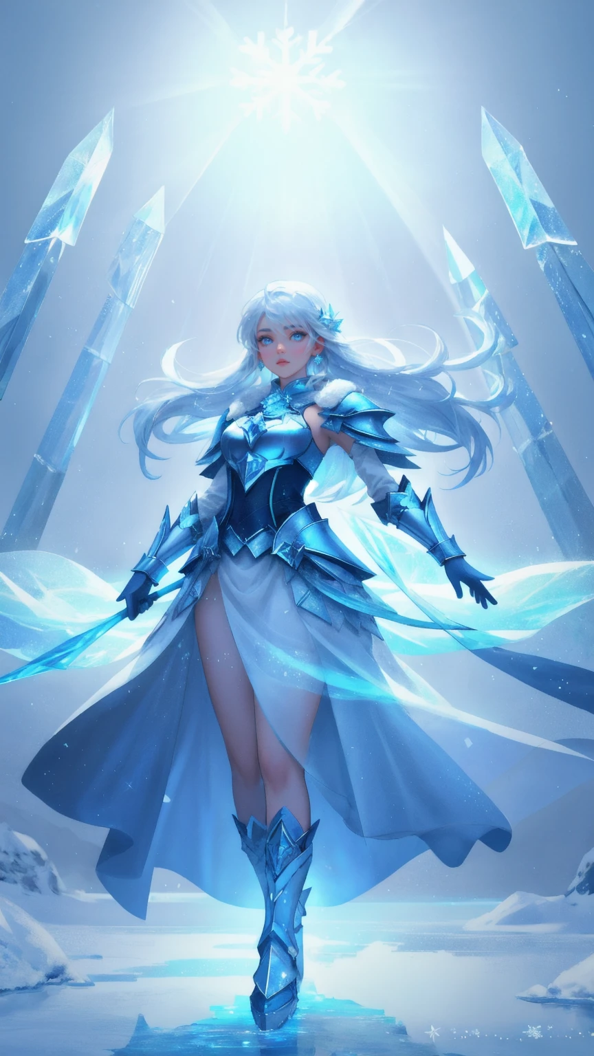 A powerful, mystical scene where a beautiful, cute girl dressed in an intricate, ice-themed warrior outfit stands in a heroic pose. She is surrounded by a radiant blue aura, with ice shards and snowflakes floating around her. A vibrant rainbow arches behind her as she stands on the surface of a frozen lake, with icy crystals emerging from the water. The background is a deep blue, emphasizing the cold, wintery atmosphere. Subtly incorporate the words 'Crypto Winter Survival Kit' into the details of her armor, making them blend seamlessly into the design.