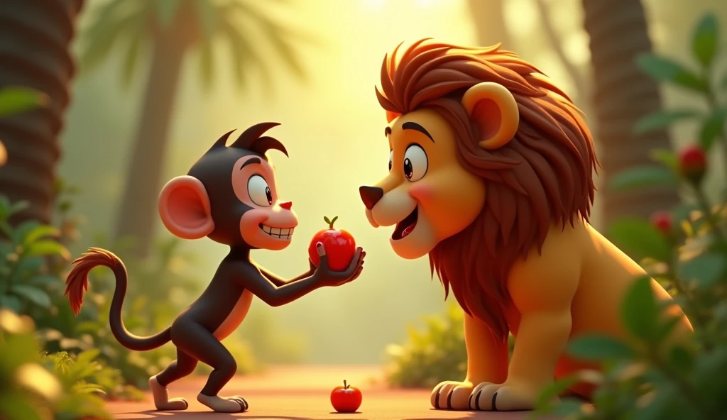 Create 3D cenametic cartoon animation of this prompt "Greedy monkey offers the lion fruit, with a sudden change of heart
 Lion is surprised and touched by the monkey's kindness"