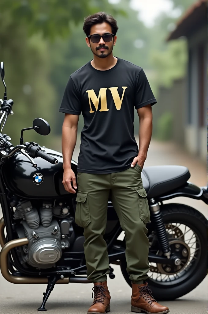 A brown-skinned Indonesian man with a moustache wearing sunglasses wearing a t-shirt with the letters MV written in gold., he was wearing army green cargo pants, brown boots, next to it there is a classic bmw motorbike  