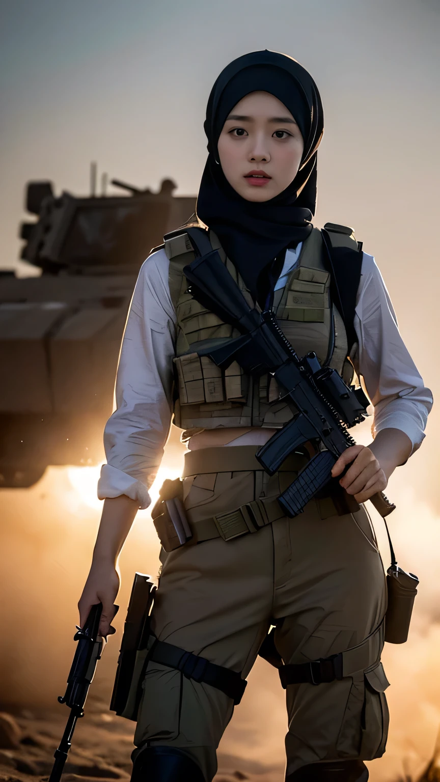 **Instructions:** *A striking scene of a 25-year-old Korean female soldier wearing a hijab, with a determined expression on her face, stands in the middle of a chaotic battlefield. She is dressed in tactical military gear, complete with khaki fatigues, a utility vest, and fingerless gloves. Her elegant hijab adds a sense of movement to the image. The soldier holds a modern black assault rifle close to her chest, her grip firm and ready. Behind her, the remains of battle are visible, with thick plumes of smoke billowing into the sky and damaged military vehicles scattered around her. The background conveys a sense of urgency and tension, as if a fierce battle is taking place. The lighting is natural, with the sun casting a harsh light, highlighting the dust and debris in the air. The overall mood is intense, capturing the raw emotions of a soldier in the heat of battle.*