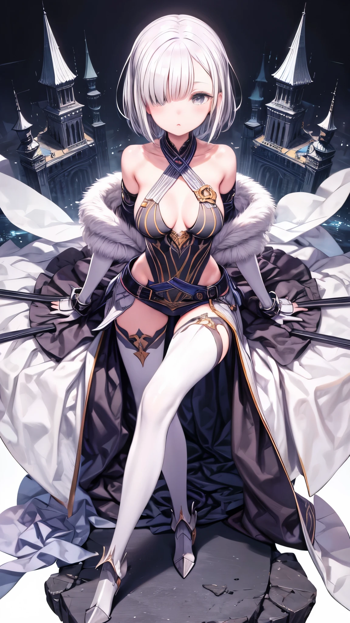 fantasy, 1girl,young_teen, ,silver_hair, short_hair, long_bangs, bare_shoulder,thighhighs,silver_armor, waist_armor, large_breasts,half_eyes,floating, bare_crotch, headgear,gauntlet, greaves,city_background,slightly_spread_legs, solo, groin_naked,hair_over_one_eye,rise_knee,rise_leg,