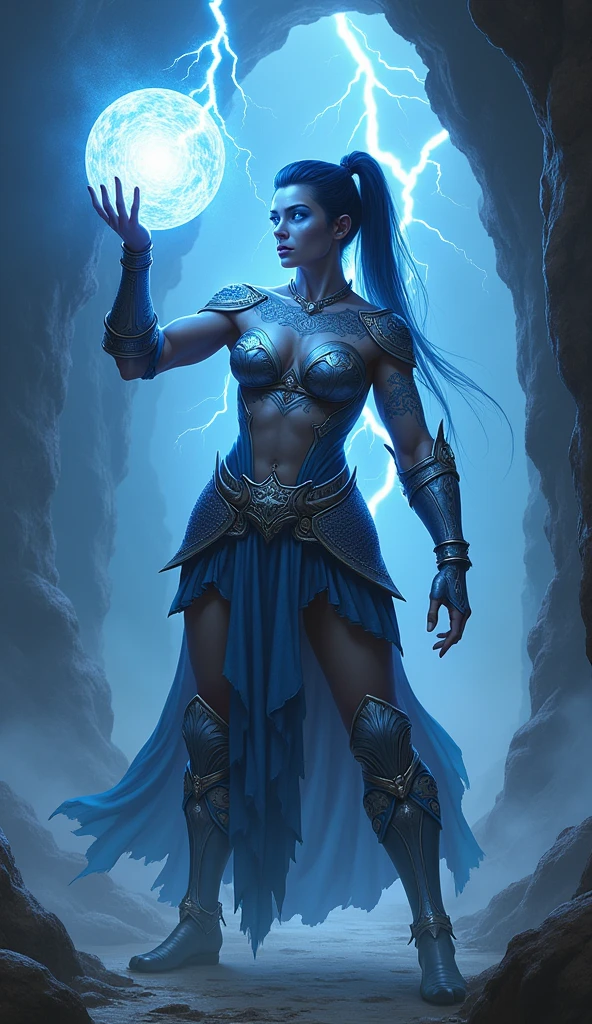 Aletta Ocean, angry evil beautiful and muscular, Nordic female, towering storm Giantess with blue black hair in a ponytail, older and mature woman, throwing a lightning ball, celtic glowing tattoos, wearing silver nordic steel runic plate mail Armour , temple cave background with lightning storm, glowing blue eyes, square jaw, powerful and imposing, winter clothing, pale blue purple skin, ((full plate silver celtic dragon armour)), nordic tattoos with bodybuilder physique