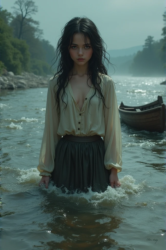 A beautiful girl with sad emotion stand up in flood river beside a baot. 