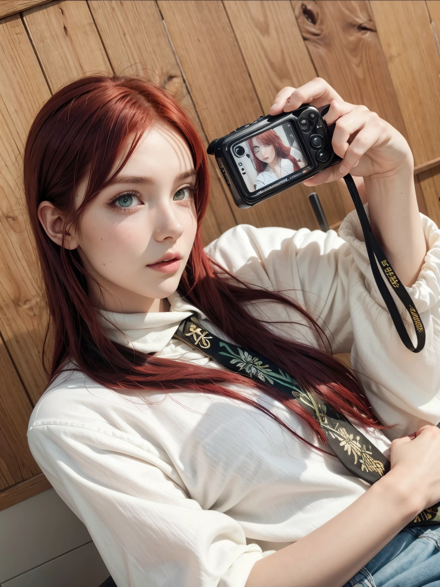 shiny red hair, green eyes.