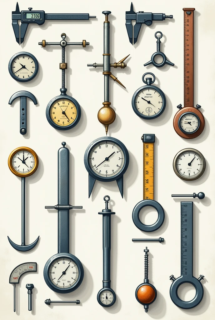 Vernier caliper poster, scales, stopwatch, hanging arm scale, thermometer,screw micrometer,measuring tape,voltmeter,ruler,ammeter,wall clock , thermometer digital