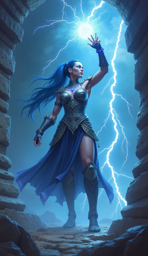 Aletta Ocean, angry evil beautiful and muscular, Nordic female, towering storm Giantess with blue black hair in a ponytail, older and mature woman, throwing a lightning ball, celtic glowing tattoos, wearing silver nordic steel runic plate mail Armour , temple cave background with lightning storm, glowing blue eyes, square jaw, powerful and imposing, winter clothing, pale blue purple skin, ((full plate silver celtic dragon armour)), nordic tattoos with bodybuilder physique