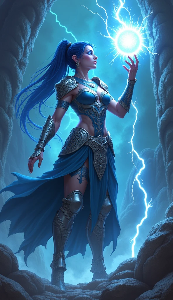 Aletta Ocean, angry evil beautiful and muscular, Nordic female, towering storm Giantess with blue black hair in a ponytail, older and mature woman, throwing a lightning ball, celtic glowing tattoos, wearing silver nordic steel runic plate mail Armour , temple cave background with lightning storm, glowing blue eyes, square jaw, powerful and imposing, winter clothing, pale blue purple skin, ((full plate silver celtic dragon armour)), nordic tattoos with bodybuilder physique