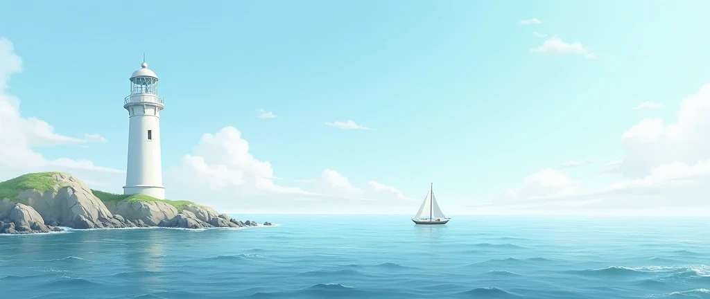 beach, whitish lighthouse, light blue sky, faint clouds in the sky, small sailboat in the distance