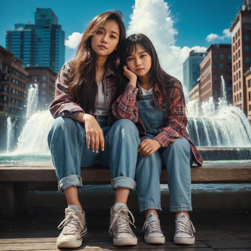 real potrait, full body, long shot, seorang wanita asia rambut panjang dan seorang anak kecil perempuan umur 10 tahun rambut panjang, memakai flannel, memakai jeans, memakai sneaker, duduk di bangku taman, sebuah air mancur dibelakang mereka, langit biru cerah, warna cerah menawan