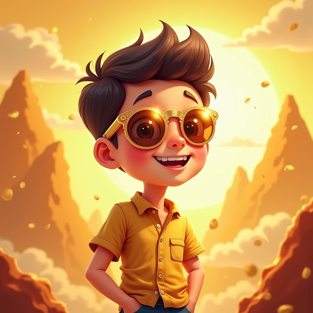 A lucky boy,Cartoon,shirt,Pocket,Wear sunglasses,Sunglasses flash,rich,Multigold,Bright background,jin shan