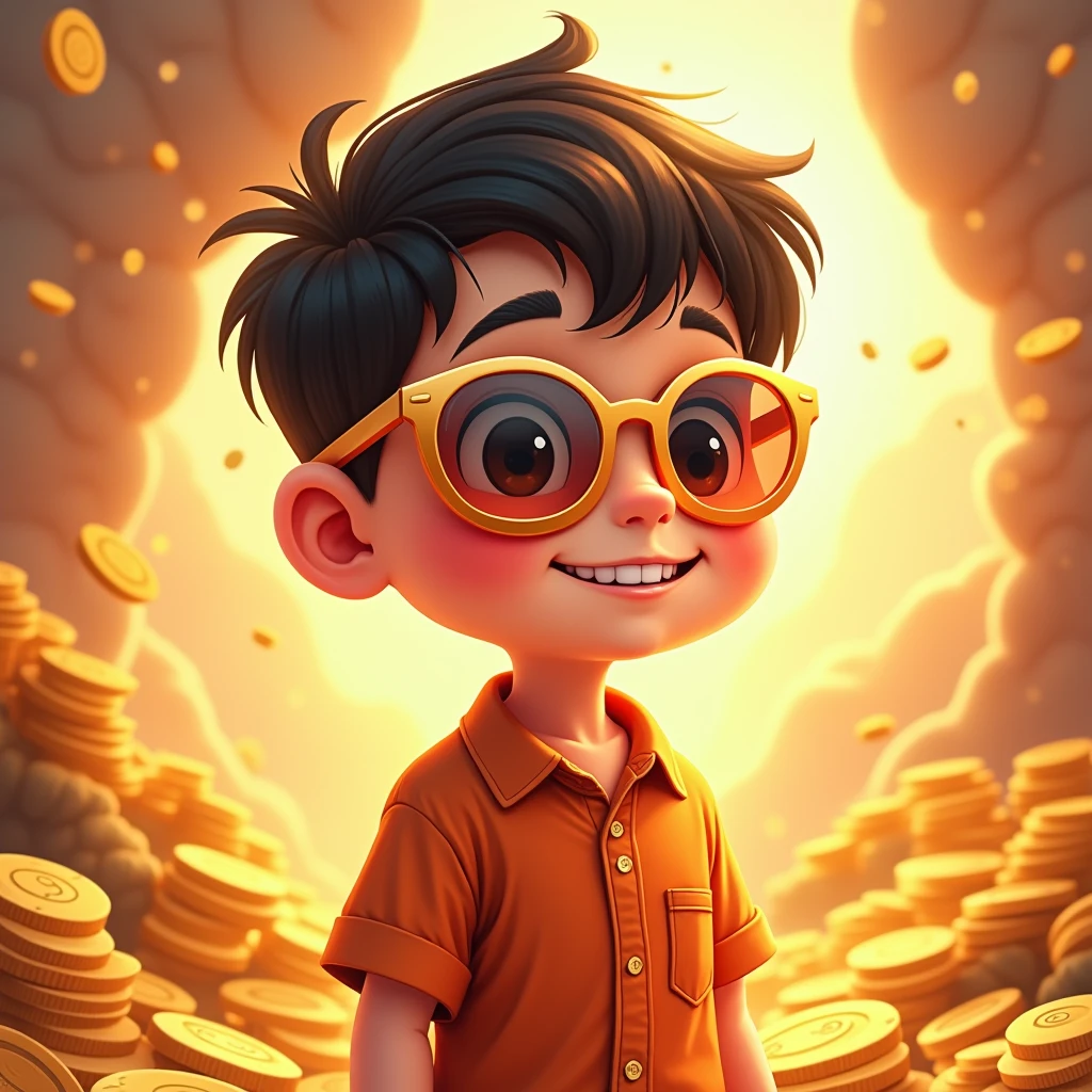 A lucky boy,Cartoon,shirt,Pocket,Wear sunglasses,Sunglasses flash,rich,Multigold,Bright background,jin shan