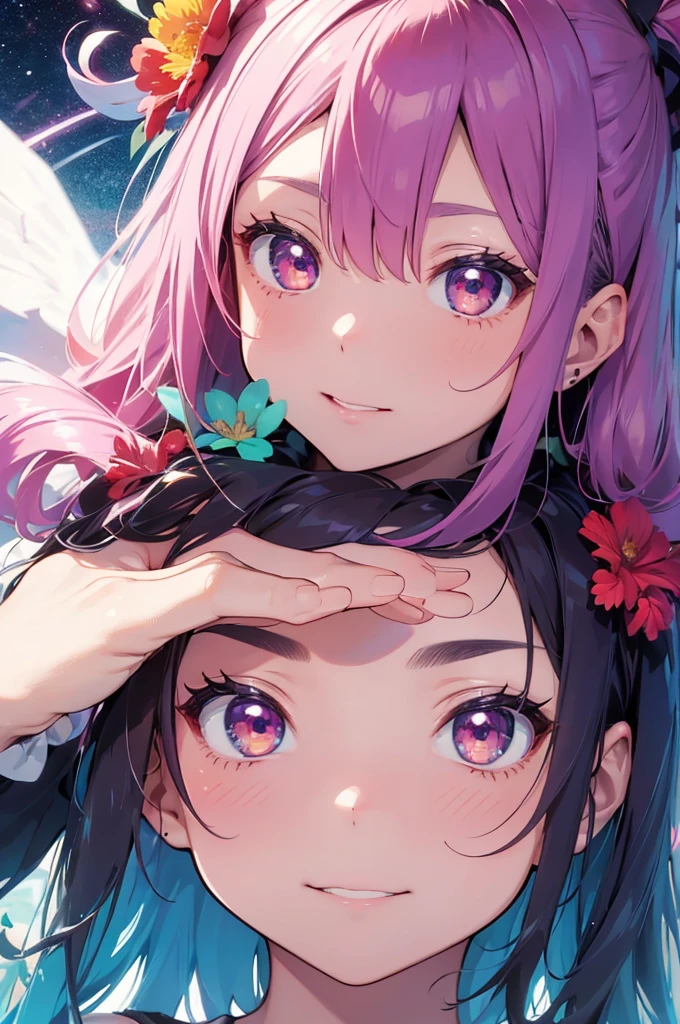 Create a stunning poster-style artwork showcasing a woman adorning her hair with vibrant flowers, Utilize a color palette consisting of dark white and light magenta, and focus on intricate illustrations with serene facial expressions, Incorporate light teal and light red shades to infuse the artwork with smooth lines, reminiscent of comic art, Remember to utilize "ar 49:89" and "s 750" for art dimensions, and include five different variations (niji 5) of the artwork.
