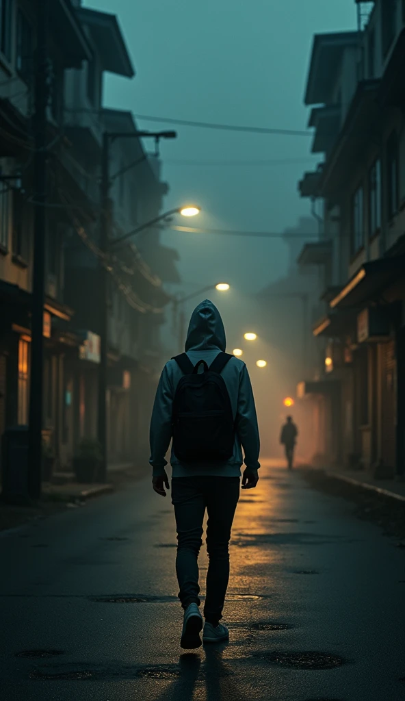 A STUDENT WALKING ON A DARK STREET WITH A BAG WEARING A HOODI