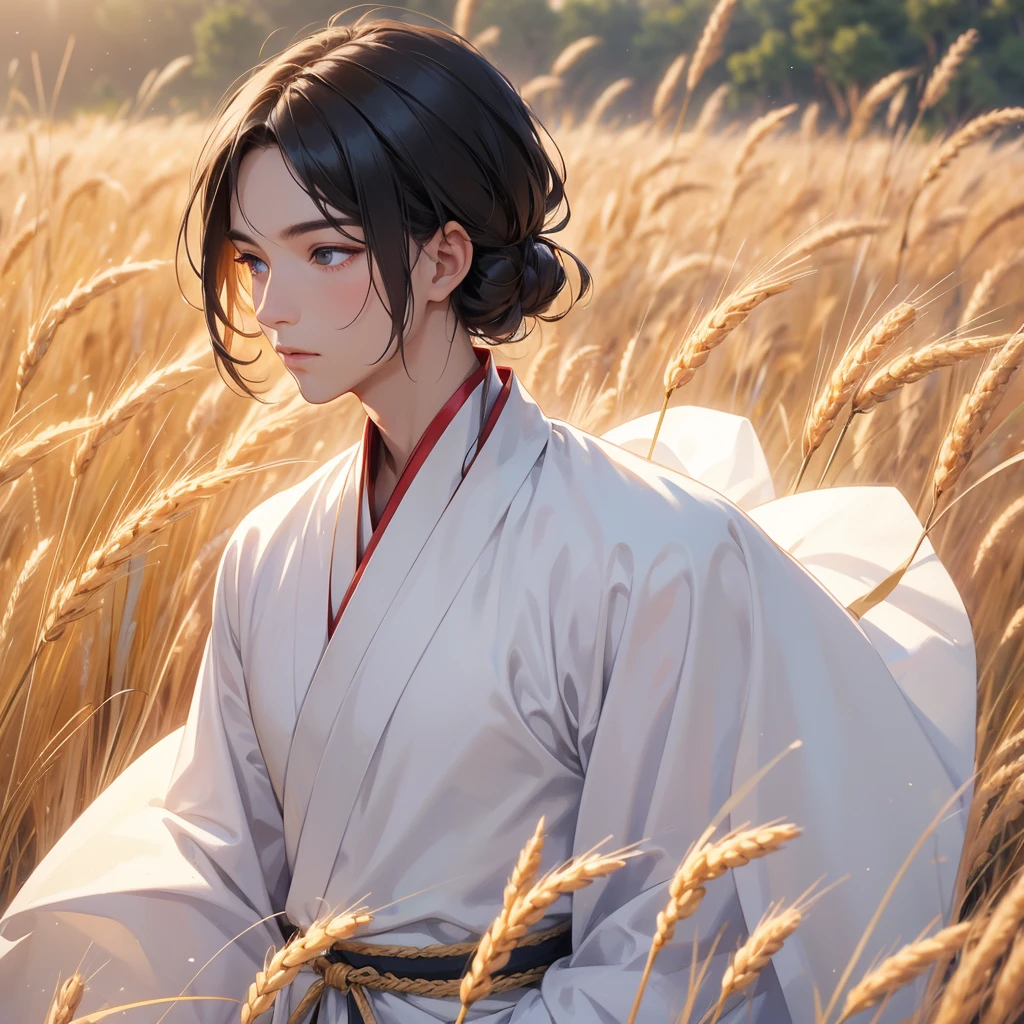 A handsome male in white hanfu dress , Standing in the middle of a wheat field, close up.