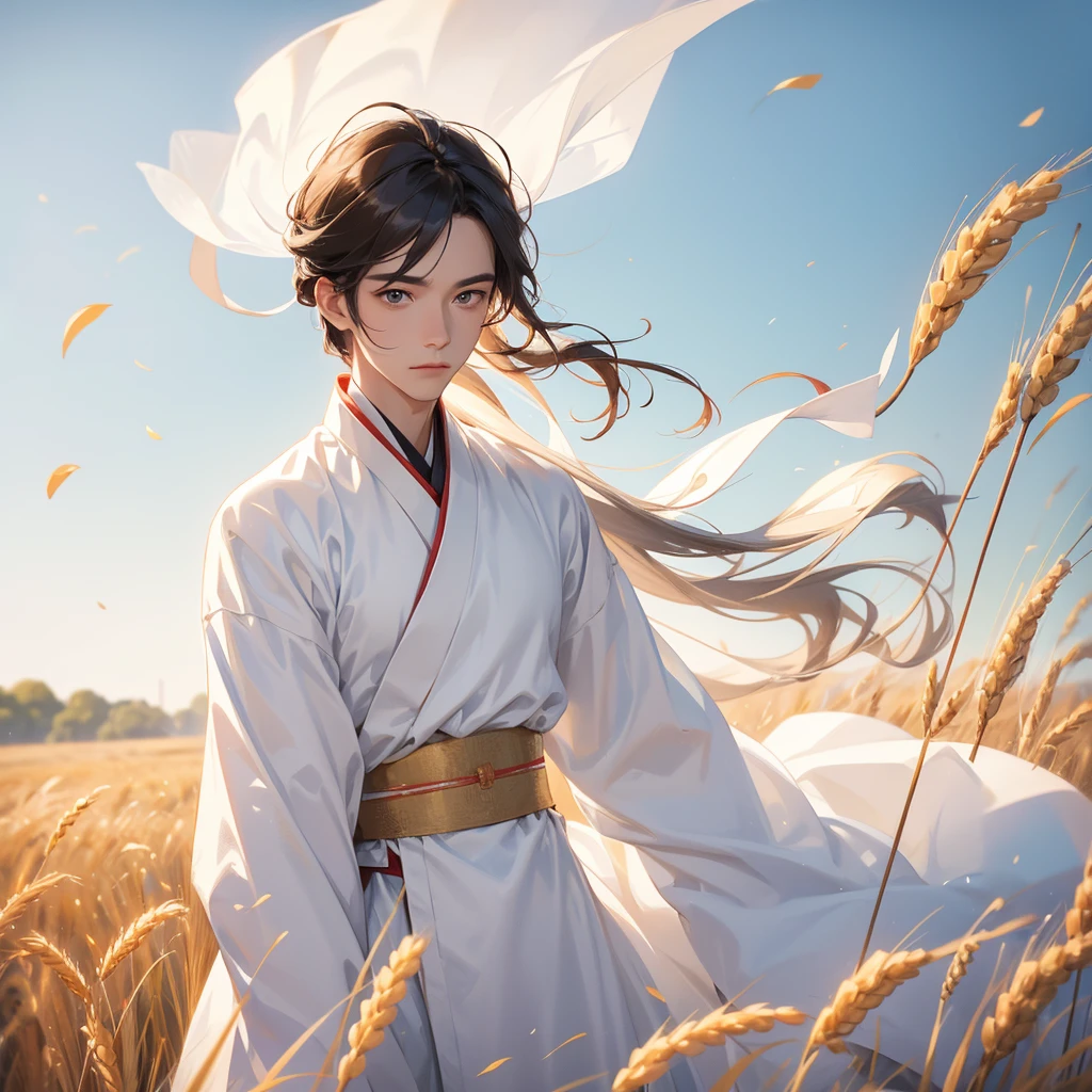 A handsome male in white hanfu dress , Standing in the middle of a wheat field, close up.