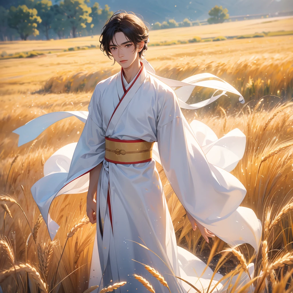 A handsome male in white hanfu dress , Standing in the middle of a wheat field, close up.