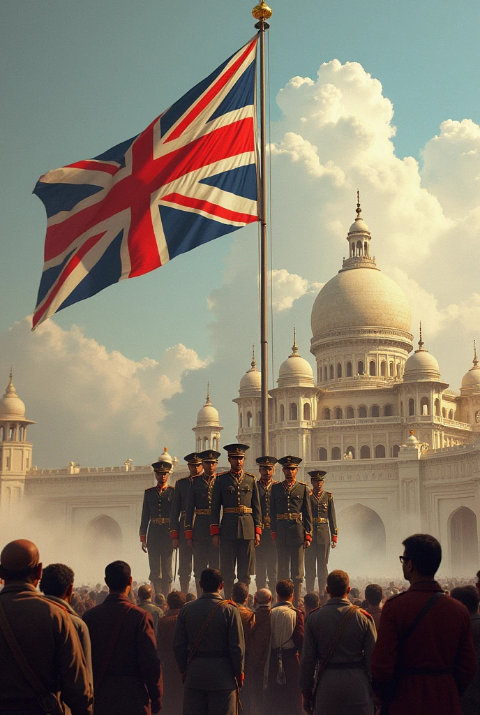 British Flag Raised Over Bengal:** British soldiers and officials raising the British flag over a grand palace in Bengal, symbolizing the beginning of British control in India, with a subdued crowd of locals watching