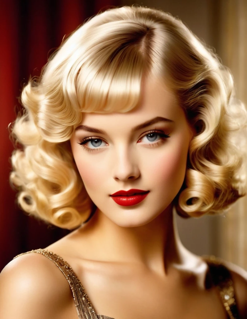 A stunning young woman, aged 25, with flawless fair skin and a chic platinum blonde very curly bob haircut, framed by stylish bangs, embodies the timeless elegance of a glamorous Hollywood icon from the 1950s. This immaculately composed image, whether captured in a photograph or portrayed in a painting, radiates sophistication and class. Her immaculate makeup, classic attire, and charisma exude an aura of irresistible allure and captivating beauty, evoking a sense of nostalgia and admiration for the golden age of cinema. The impeccable lighting and composition further elevate this exquisite portrayal, making it a true masterpiece that captures the essence of glamour and style. full length