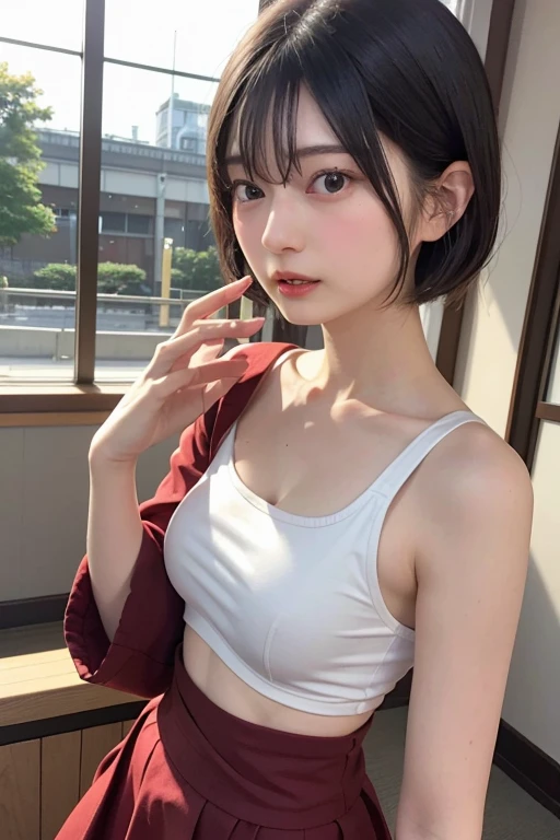 Highest quality、masterpiece、Ultra-high resolution、(Realistic:1.4)、RAW Photos、日本人の1 person、alone、Cute Japanese Idols、Upper body from the waist up、Tabletop、Highest quality、1 person、(beauty、delicate:1.3)、(Japanese women:1.3)、Definition of Very Fine Particles、(Symmetrical eyes:1.3)、belly button、(Red Bodycon Costume:1.3)、Big Breasts、iris、Very short hair、Chiquita、(Eye and facial details:1.0)、perfectly trimmed fingers、Very sexy