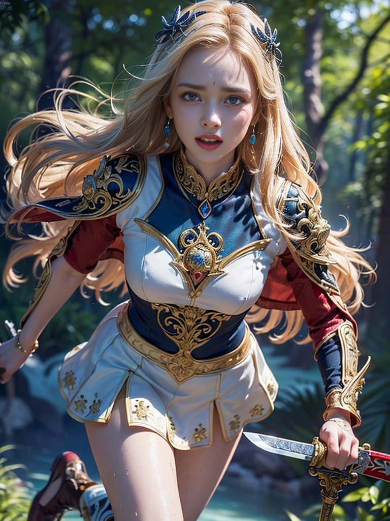 (((masterpiece, best quality))),(((high quality))),(((high resolution illustration))),(((hyper detail))),NSFW,(((Wordsworth's Sharon))),(((Very beautiful long blonde hair))),(((Very beautiful face))), ((((Detailed face)))),(((very beautiful blue eyes))),(((Realistic Skin))),(((her face is flushed))),(((slim body))),(((slim thighs))),(((small breasts))),(((very beautiful slender legs))),(((gold and ocean blue and red and black and white armor with extremely detailed and intricate decoration:1.5))),(((Blue and red and white skirt with extremely detailed and intricate decoration:1.5))),(((boots with extremely detailed and intricate decoration))),(((cloak with very detailed and intricate decoration,))),(((beautiful earrings))),(((beautiful hair ornaments))),(((in the old dark deep forest:1.2))),(((late at night:1.4))),(((wet her skin))),((Sharon is crying with tears streaming down her face:1.2))),(((Sharon is running away from a monster:1.2))),(((Her right hand is holding a sword:1.2)))