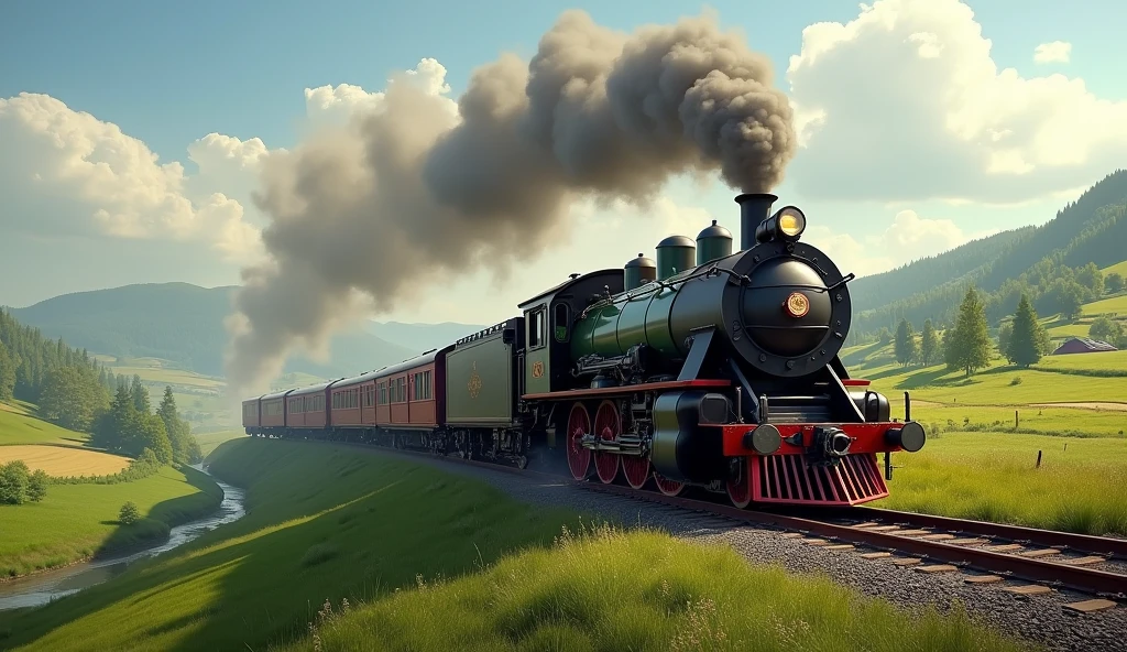 T is for Train, chugging along the bar:
"A classic steam train puffing smoke as it chugs along a scenic railway track, winding through rolling hills and countryside."