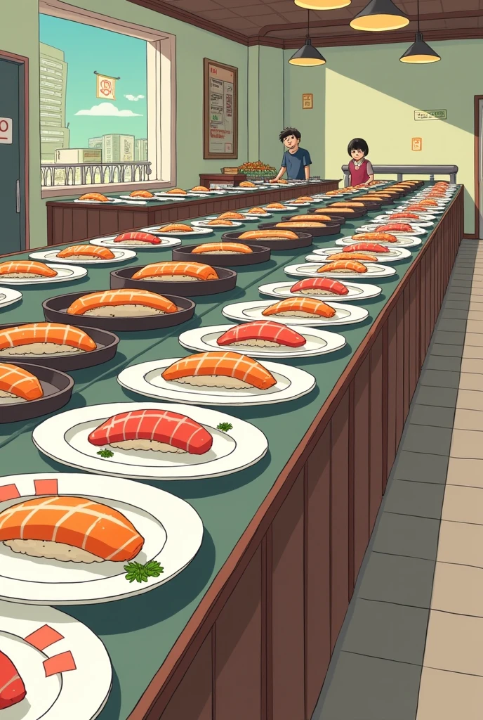 Sushi conveyor belt restaurant illustration, no people A lane with only plates rotating without sushi, and a lane with large plates and cute illustrations, both rotated sideways Plates lined up side by side
