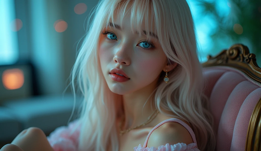 (photorealism:1.2), Korean girl, with long straight platinum hair, and blue eyes, pouting, she wears a violet strapless top with glitter, selfie closeup, she have thin Upturned nose