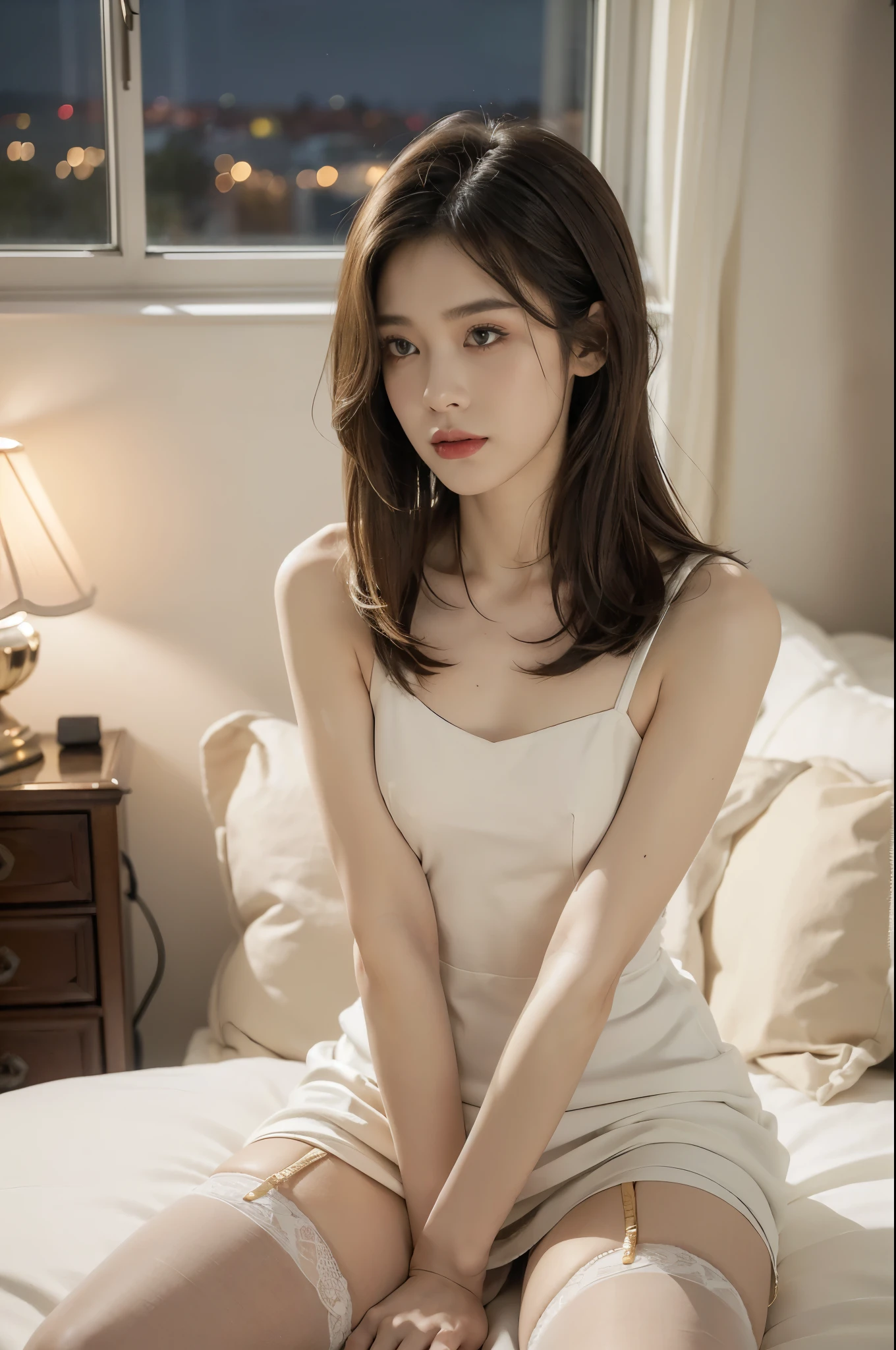 (((best quality))),(((ultra detailed))),(((masterpiece))),illustration,((1 beautiful girl,solo)),(medium straight bob hair:1.2),((slim,thin)),((small breasts,flat chest)),(sitting on the bed:1.3),(in bedroom:1.3),(white sheer dress:1.3),(stockings:1.3),(slender legs:1.2),distant look,lost in thought,tastefully decorated,warm,inviting color palette,soft beige walls,luxurious comforter,deep gold color,nightstand,lamp,book,dresser,open window,glimpse of garden,calm atmosphere,peaceful,underlying tension,confusion,internal conflict,stark contrast,warmth of room,coldness of gaze,introspection,inner turmoil,complex emotions,(night scene:1.5),((from front,upper body))