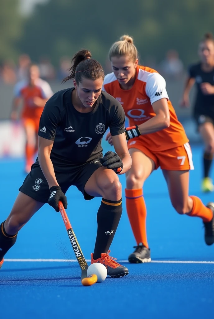 "An intense field hockey match in action with two players from opposing teams fiercely competing for the ball. The player on the left, dressed in a black uniform, is focused and determined as he skillfully maneuvers his stick to control the ball. The player on the right, wearing an orange and white uniform, is closely defending, poised to intercept. The blue turf of the field adds a vibrant contrast to the players’ movements. In the background, other players are visible, blurred to emphasize the speed and energy of the game. The scene captures the athleticism, precision, and competitive spirit of field hockey." They are male not female 