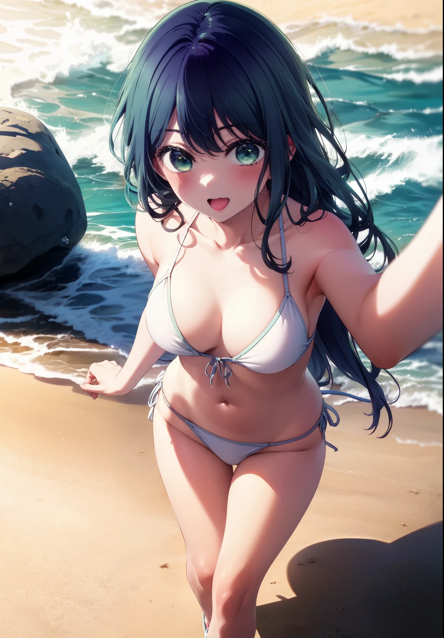 akanekurokawa, akane kurokawa, bangs, (Green Eyes:1.3), Blue Hair, Long Hair, dark Blue Hair,smile,blush,Open your mouth,Big Breasts,White Bikini Swimsuit,Short denim,barefoot,Cute Sandals,Sandy Beachを散歩している,Walking,whole bodyがイラストに入るように,
break outdoors, Beach,Sandy Beach,
break looking at viewer,whole body ,
break (masterpiece:1.2), Highest quality, High resolution, unity 8k wallpaper, (figure:0.8), (Beautiful attention to detail:1.6), Highly detailed face, Perfect lighting, Highly detailed CG, (Perfect hands, Perfect Anatomy),