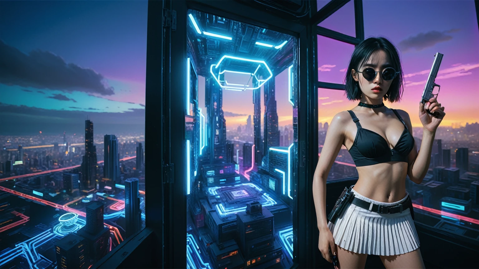 Cyberpunk female plagiarist immersed in digital theft, neon-lit alias within a vast online labyrinth, grotesque grunge brushing into surrealism, illuminated by kaleidoscopic volumetric light, a detailed masterpiece reminiscent of Moebius' distinctive style, deep focus, heightened depth field, psychedelic undertones amplified in a cinematic shot, aerial view of cyberpunk city at night, (1girl, solo), photo realistic, large-breast:1.4 D-cup slim body, cleavage:1.4, slim face, off broken mini sling-shirt and black sling bra, extremely short white pleated miniskirt, micro panty, (matrix style black micro sunglasses), (holding a short gun), half-body thigh level medium shot, cinematic lighting, ray tracing.