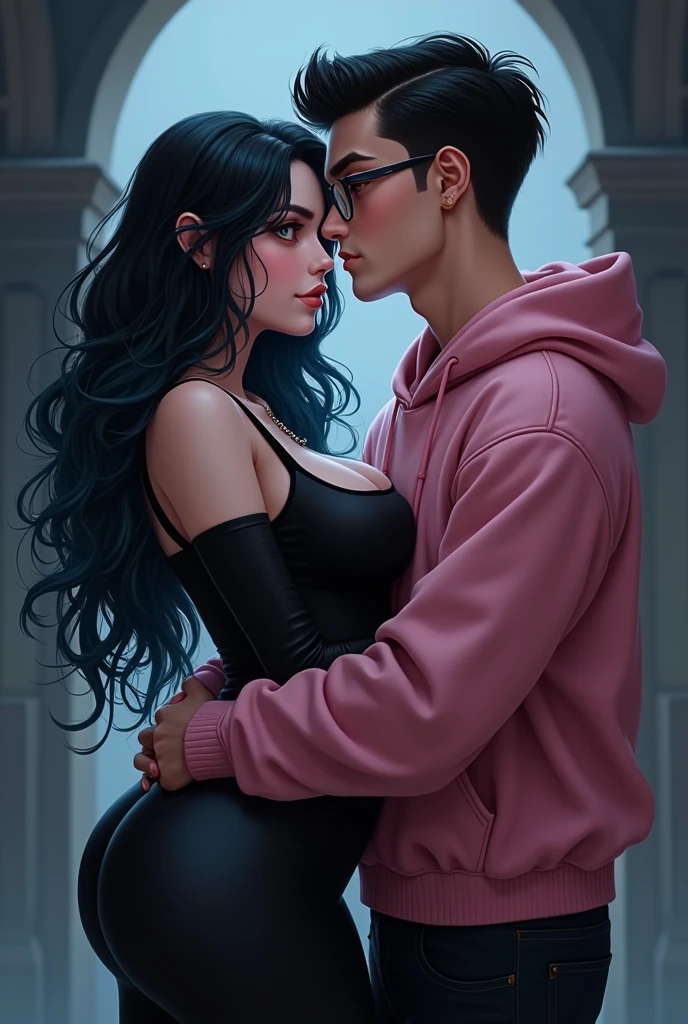 Couple of boyfriends she gothic with curvy body big cheeks big butt black hair with blue big brown eyes light skin, dressed in black, He has straight hair combed up and small rectangular glasses and a wide nose and a pink sweatshirt and black pants