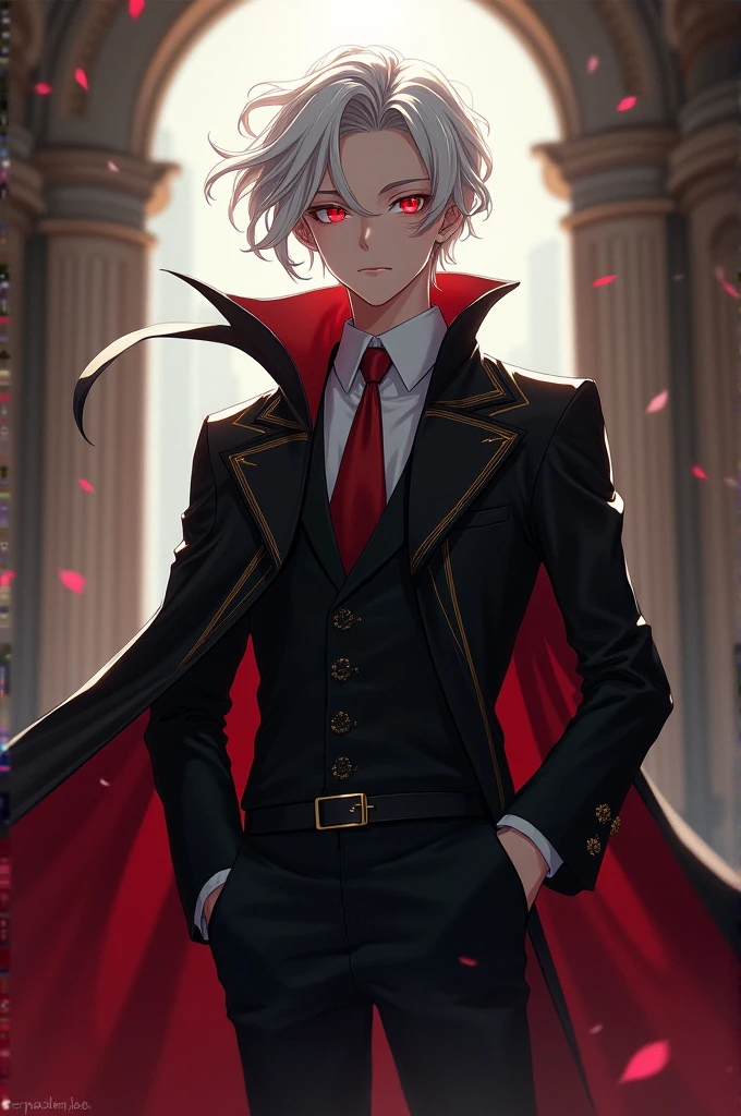 The  noble boy stood firmly with a proud and dignified look. He wore an elegant black suit, with sophisticated details and high-quality materials, exuding authority and elegance. His snow-white hair was long, creating a striking contrast with his black outfit. His blood-red eyes shined brightly, sparkling with intelligence and mystery, making everyone around him feel fascinated and afraid of his presence.