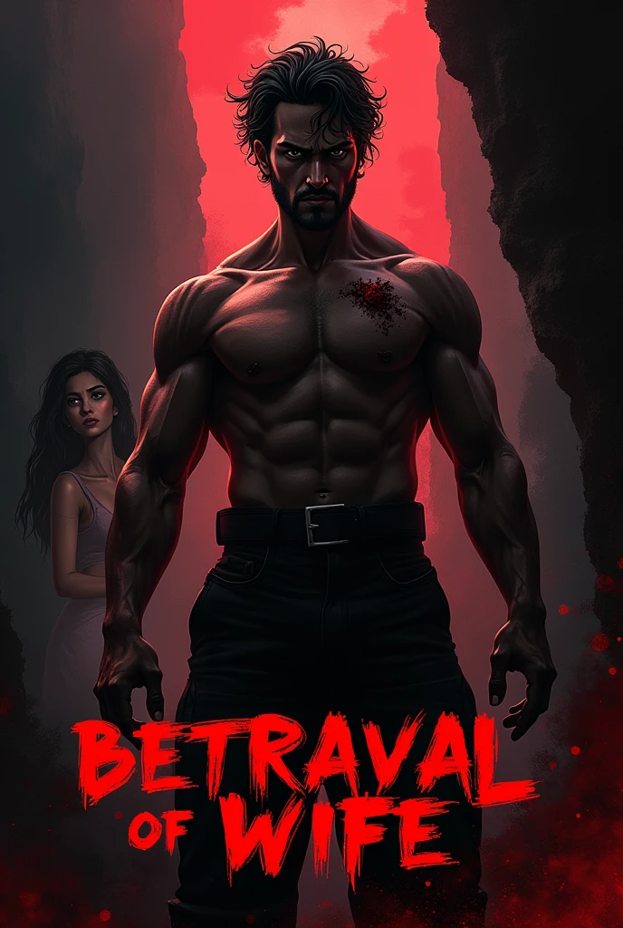 Aasthik/Vedant appears in the center with a serious or angry look, possibly with visible scars.Ishita appears on one side with a worried expression.The dark background with a cliff or a dramatic shadow setting.Title "Betrayal Of Wife" prominently displayed at the top.Subtitle like "Revenge and Deception" at the bottom.Use deep red, black, and gray tones with contrasting text.