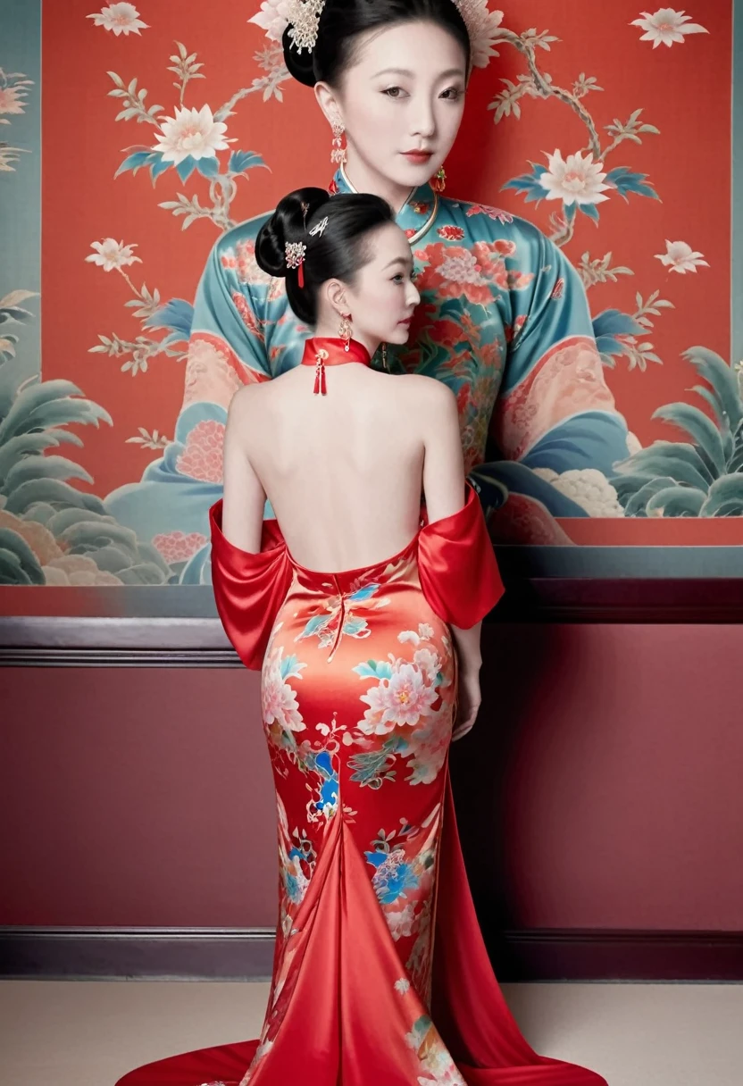 The empress of the Qing Dynasty is wearing a red floral patterned dress, completely naked, with her profile showing and her buttocks sticking out, posing in the luxurious palace of the empress of the Qing Dynasty.