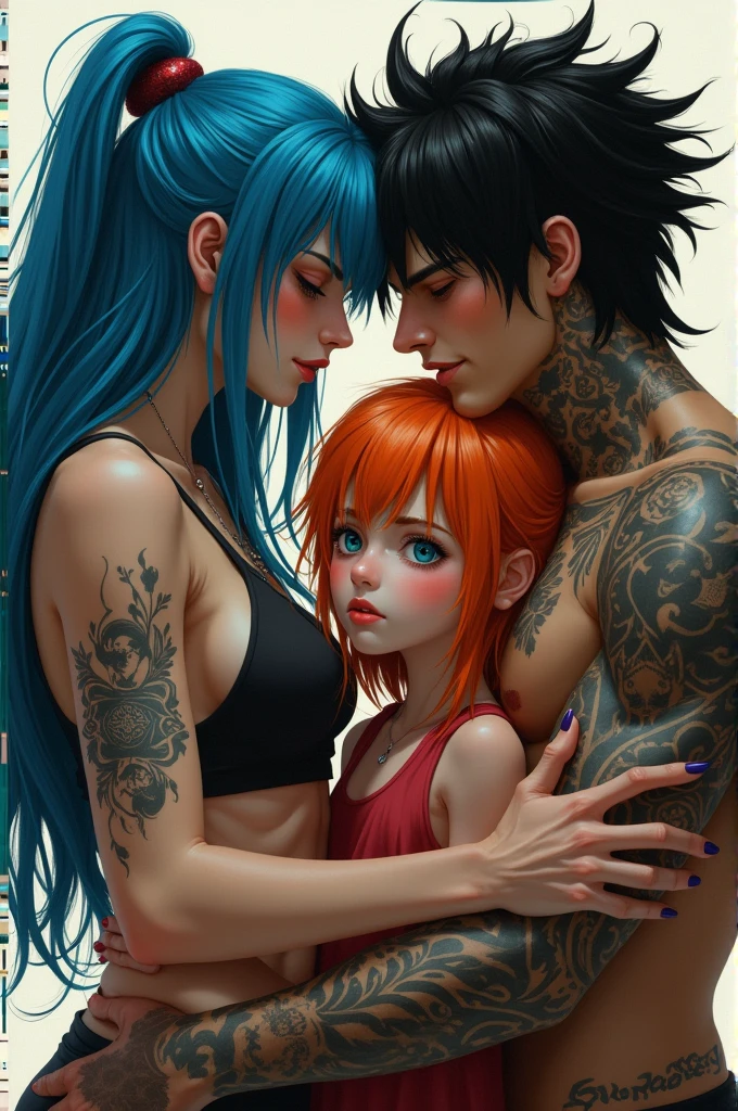A girl with long blue hair, rough in appearance, high,A high boy with messy black hair and high intimidating appearance,tattoos, Both smiling and in the middle of them they hug and look lasciviously at a beautiful and innocent girl with orange hair,blushing and nervous.All of them look adult and attractive..