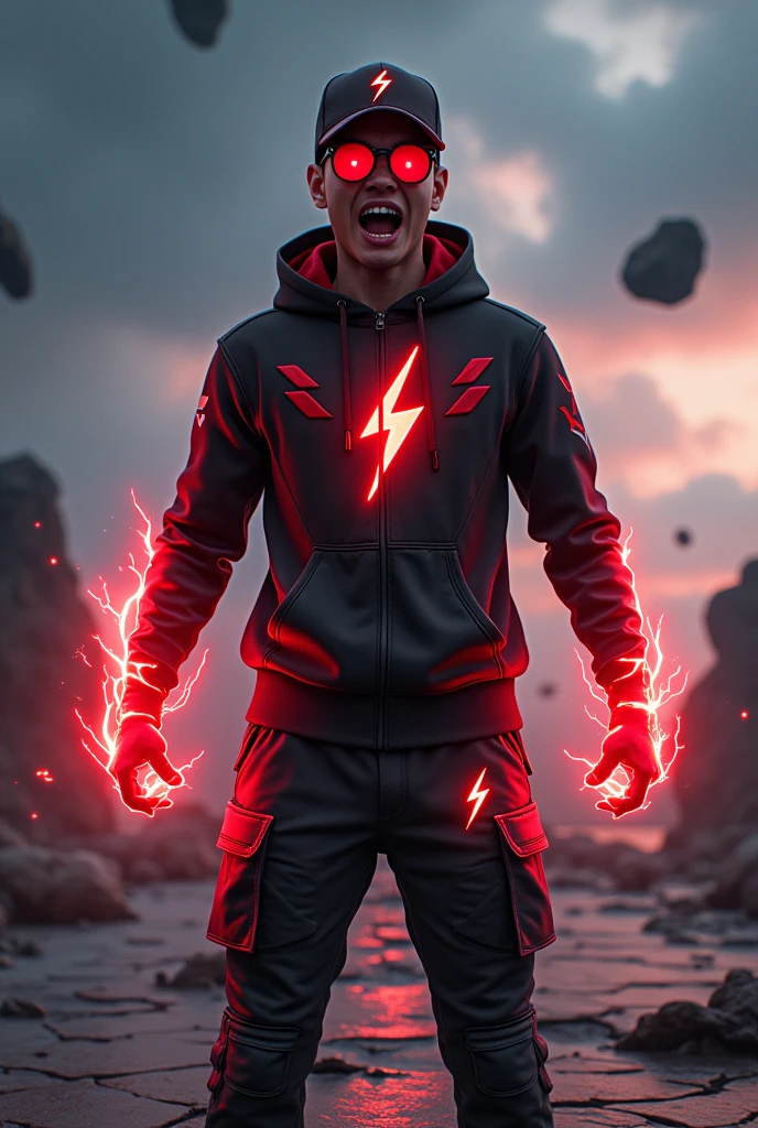 Malaysia man. real age age . 20 Malaysia Indonesia. (Red eyes)Glowing eyes red. Anger face. Open mouth . wearing an (black red) black red design thunder zip-up shirt. Hoodie. Black red lightning design .thunders red design shirt, (black red) red black stripe cap with small(thunder red) logo, detailed face. Glowing eyes.. black cargo pant , cinematic lighting, dramatic atmosphere, vibrant colors, 8k, high quality, photorealistic. Hero suit. ((Two lightning thunder red shape. Red black pant stripe thunder. Red thunder everywhere. Dark sky. .jeans pants. Very strong.two hand glowing lightning strike power red . Future design dress. Very epic. Thunder redeverywhere. Shaking photography effect. Floating rock everywhere. . Cracking road
