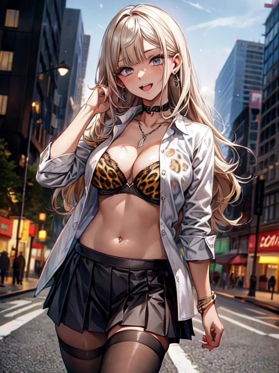 ((masterpiece, Highest quality, Very detailed)),
(digital Illustration, anime character design),
((professional lighting, face lighting)),
BREAK One girl, 20 years old, gyaru, gal-style makeup, BREAK ((brown skin:1.3)), ((tanned skin:1,3)), ((blonde)), Long Hair, blunt bangs, wavy Hair, BREAK ((grey eyes:1.3)), ((slant eyes:1.3)),((thick thighs)), medium breasts, ((lots of pierced earrings, silver chain necklace, silver bracelet)), ((bare belly button, belly piercing)),
looking at viewer, cowboy shot, random porn pose,
smile, ((open mouth)), BREAK ((open white collar shirt:1.3)), (cleavage, Unbuttoned), BREAK ((leopard print bra:1.3)), BREAK plain black pleated skirt, micro mini skirt,
BREAK (panoramic view:1.3), ultra-wide angle lens, A huge intersection, a huge building visible in the distance, a glass building, electronic bulletin boards, traffic lights, street trees, a blurred distant view,