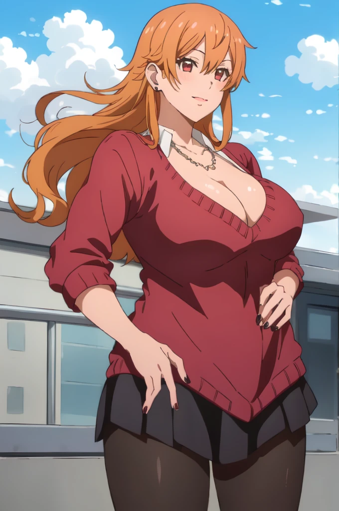 ((best quality)),((highly detailed)),masterpiece,absurdres,detailed face,beautiful face,(detailed eyes, deep eyes),1girl,  Tomo, red eyes, short skirt , sky, day, cloud, pleated skirt, leopard print panty, School rooftop, looking at viewer, open clothes, standing, loose white shirt showing cleavage, Gyaru, Big breast, tanned skin, Glossy lips, a lot of earpierce, Necklace,Bracelet, Half eyes expression, Smirk, feminim,1girl,Solo,Spouty mouth,Heart shaped emotion,Bored expression,Thick lips,colored Long nail,Stylish wavy hair,Celeb wavy hair,Tight tights,Plump,Curvy figure,H cup,Gyaru rings,((Big bouncy breast)),Curvy figure,Half eyes open expression,((school uniform with long sleeve sweater )),unbuttoned school uniform,cleavage,Spouty mouth expression,arm below breast,Solo,slut expression,Red hair,Heart shape emote,Detailed hand,Thick lips,Smug smile and half eyes,Open mouth,Humongous Breast,Dangerous cleavage,Stand out cleavage,1hand in hips,Eyelash