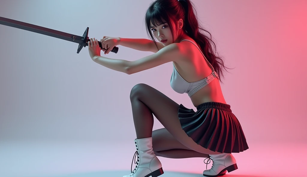 masterpiece, Best Quality, super rendering, super Realistic, High Detail Face, Clean and delicate face, whole body, Crouch and swing a long sword, gcyberpunk girl seductive pose, wearing a camisole and pleated mini skirt, bare ass, open legs, Sleeveless, black pantyhose, white short boots, glaring at the viewer, simple color background