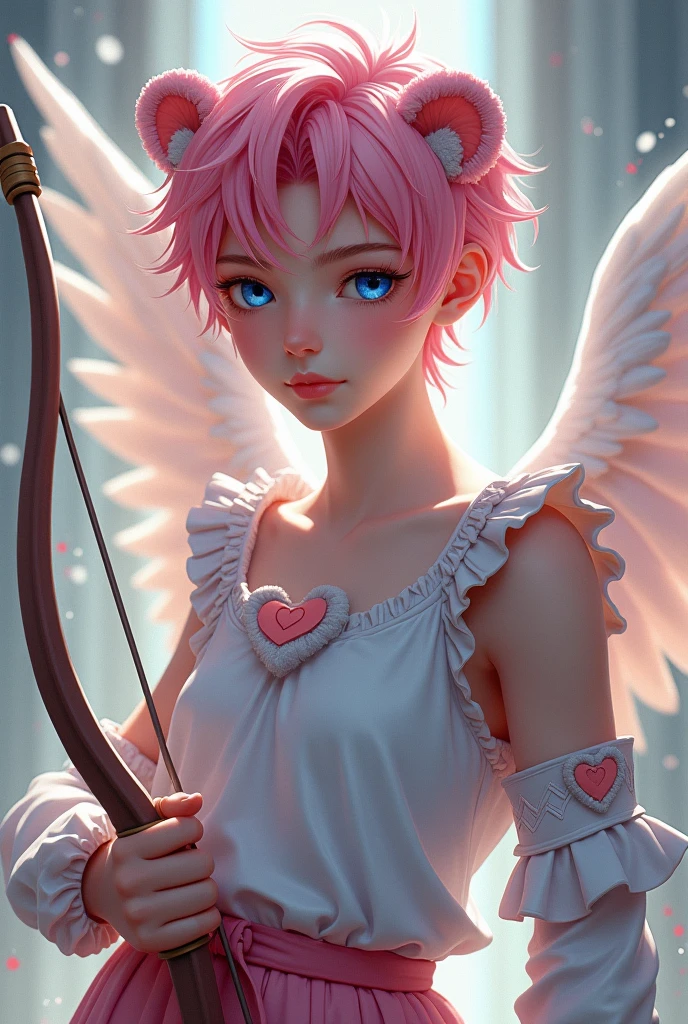 Image of C&#39;s son.A Cupid e da Blondie Lockes de Ever After High: A sexy teenage boy, blue colored eyes, pink  hair, Caucasian skin, white cupid wings, bow and arrow, Ancient Greek gods style clothing in white color, pink and blue with bear elements on the clothes 