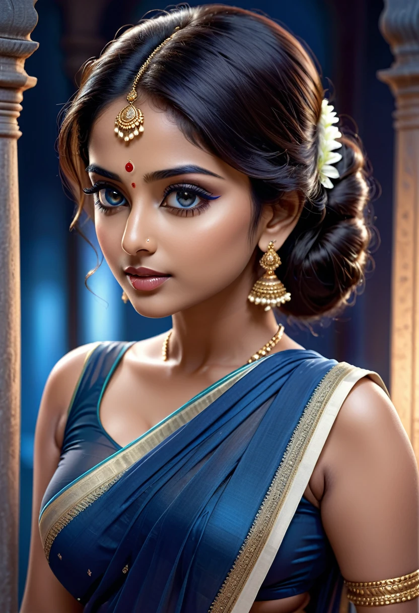 1/3 of body shown, a beautiful indian woman in a simple yellow saree with white border, sleeveless, seductive side pose,big breasts, night bluish ambience, digital illustration, hyper detailed, cinematic lighting, 8k, realistic, photorealistic, masterpiece, intricate details, porcelain skin, long eyelashes, plump lips, extremely detailed eyes and face, elegant, graceful, alluring