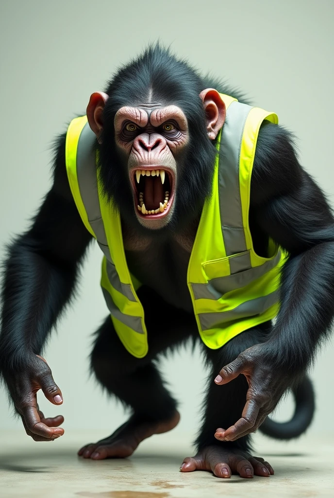 Ape that looks crazy, wearing safety vest