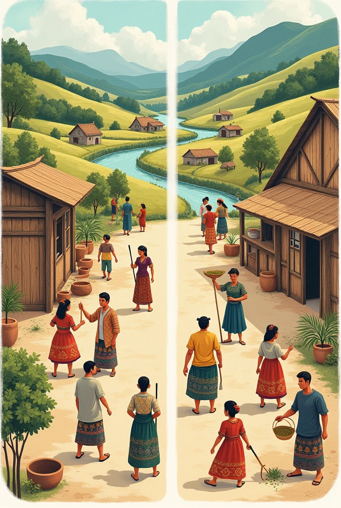 Make 2 connected images related to illustrations of traditional life.