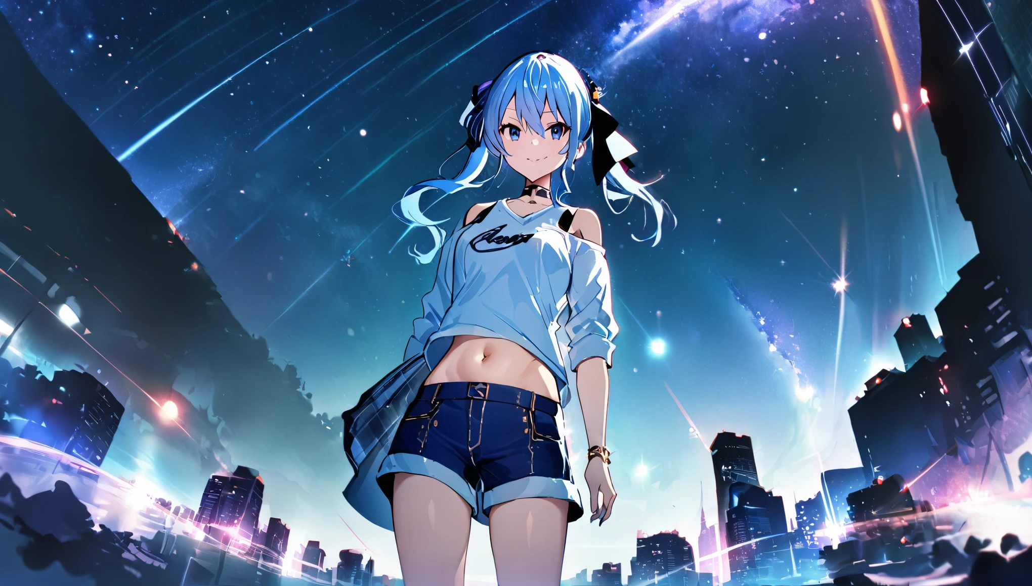 (8k、Best image quality、highest quality、masterpiece)、Detailed face、 1girl、Blue Hair、Long Hair、sideponytail、dark_blue_eyes、smile,(navel:0.6),Moderate_torso、small_breasts,((White T-shirt))、Off the shoulder、Black shoulder straps、(open_front_denim_short_shorts:1.2)、Cowboy Shot、Shoot from below、City Background, starry_sky_landscape ,hoshimachi suisei, slender,(covered_nipples:0.3), (belly button:1.2),nihil,solo,stargaze,girl_looking_up_sky,(abs:0.6)