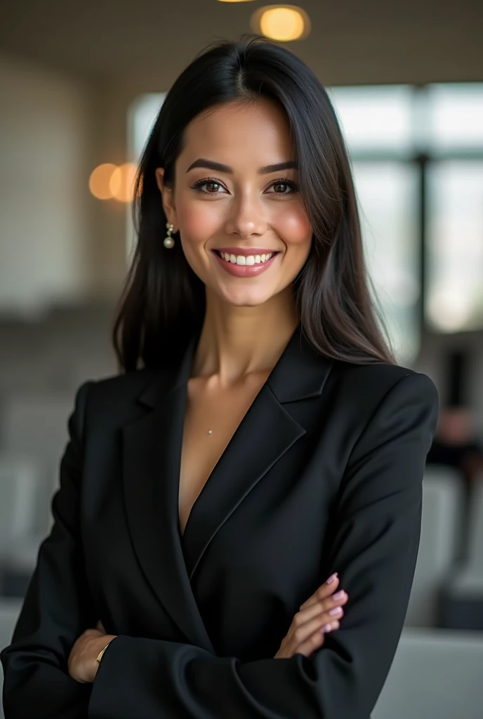 Latin woman, of 1,80 meters high, slim brunette, straight black hair without waves, large eyes, elongated profile , threaded nose, medium thick lips, with a beautiful smile, professional, sophisticated executive, the same face.from the suggested image, but this time in an auditorium, giving a lecture, dressed in white, Speaking through a microphone in an auditorium..