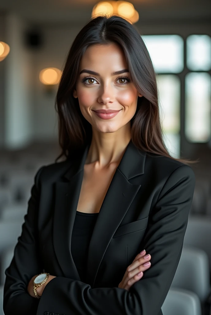 Latin woman, of 1,80 meters high, slim brunette,  straight black hair without waves, large eyes, elongated profile , threaded nose, medium thick lips, with a beautiful smile, professional, sophisticated executive,  the same face.from the suggested image,  but this time in an auditorium, giving a lecture,  dressed in white,  Speaking through a microphone in an auditorium.. 