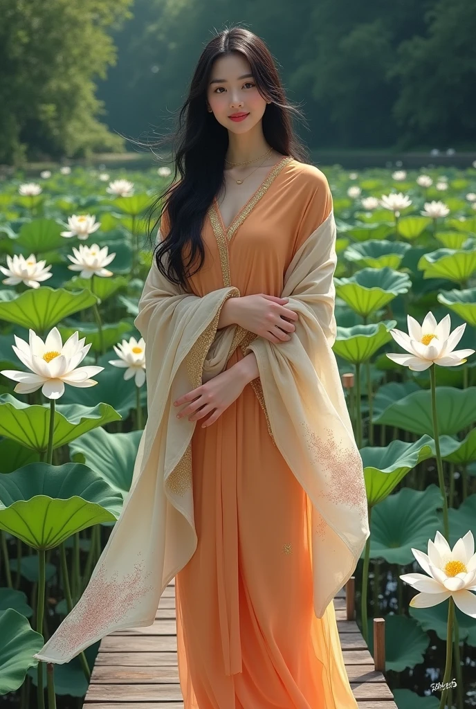 On the bridge in the middle of a beautiful white lotus pond, a beautiful young woman with a sweet and gentle face, long black hair flowing in the air, wearing a light orange Dusit Thai dress, a light orange and white sarong with pink sparkles, a white silk sash around her arm with a gold sparkle, the freshness of the green atmosphere of the lotus pond, an oil painting, a simulative painting, an art painting by Professor Chalermchai.
